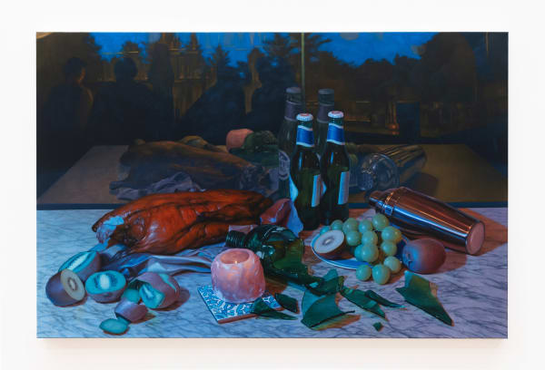 Xiao Wang Roast Duck and Kiwis, 2024 Oil on canvas 26 x 40 inches 66 x 101 cm