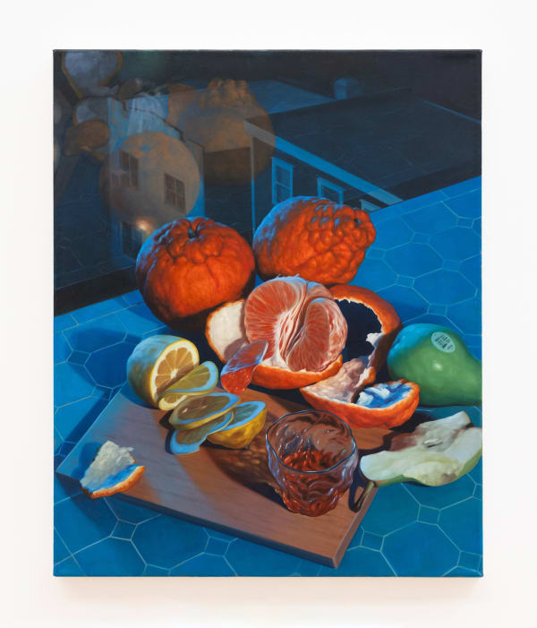 Xiao Wang Still Life With Cityscape, 2024 Oil on canvas 22 x 18 inches 55 x 45 cm