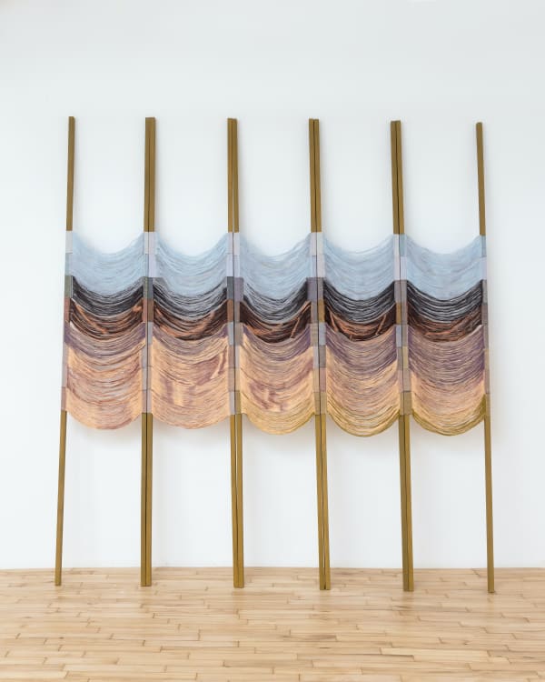 Carolina Jiménez Alone (with you) at the Pond, 2025 Linen, Cotton, Madder dye, Logwood dye, Pine, Milk Paint 96 x 85 x 14 inches 243 x 215 x 35 cm