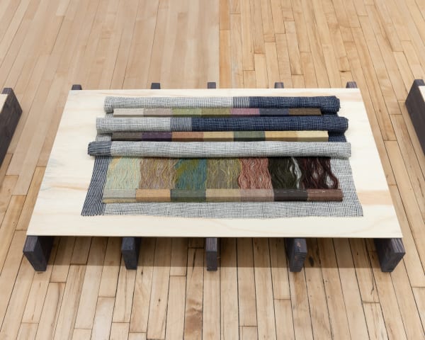 Carolina Jiménez Enveloping Landscapes, 2025 Cotton; Linen; Paper; Wool; Madder, Logwood, and Pomegranate natural dyes, Pine, Milk Paint 31 7/8 x 55 1/2 x 1 1/4 inches (on wall) 80 x 140 x 3 cm (on wall) 2 x 40 x 26 inches (installed) 5 x 101 x 66 cm (installed)