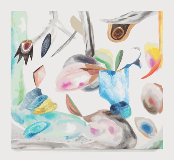 Lauren Silva. Untitled, 2017. Acrylic, watercolor, gouache, and ink on silk charmeuse with paper and vinyl. 38 x 42 in.