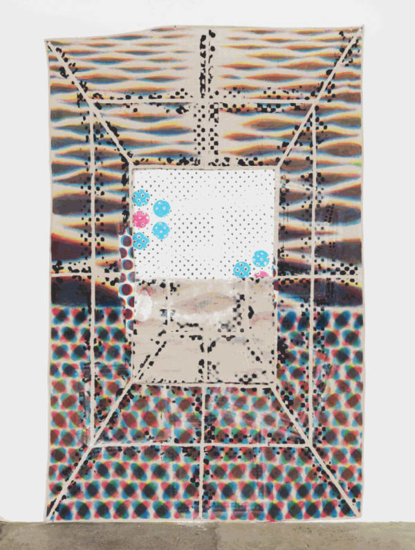 Bill Komoski. Untitled, 2017. Acrylic on canvas with grommets, over wall drawing. 110 x 71 in.