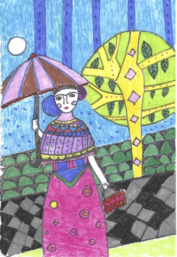 Avyaya Iyer, aged 8. Inspired by Frieda Kahlo.