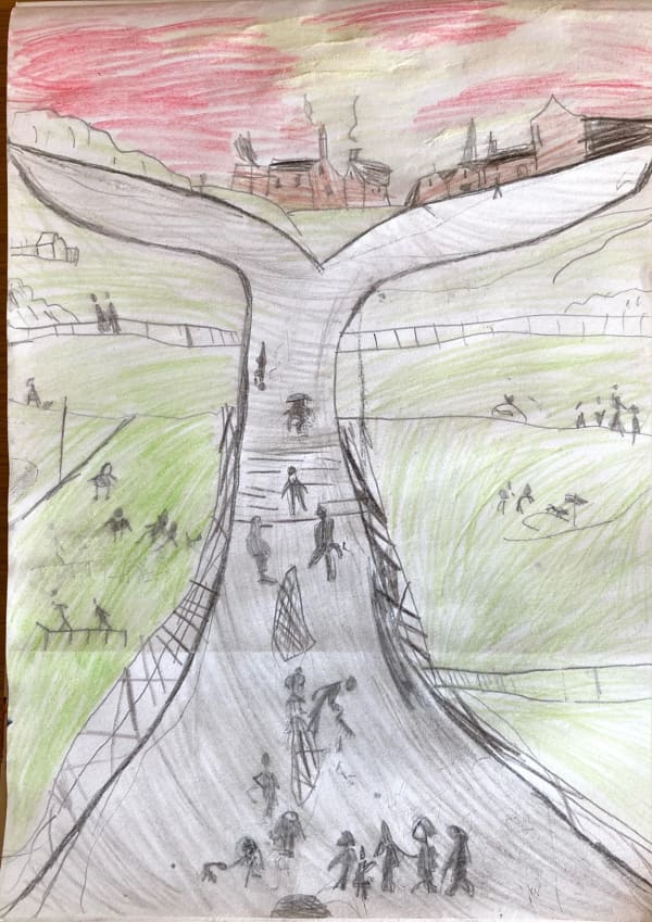 Saachi Das, aged 7. Inspired by LS Lowry's Village on a Hill, 1966.