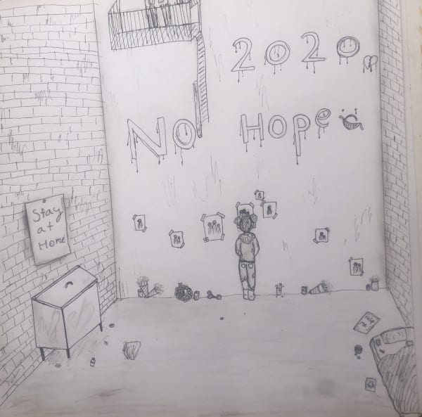 ‘Stay at Home’ - Homeless during the Coronavirus Nelle, age 11 Inspired by Banksy.