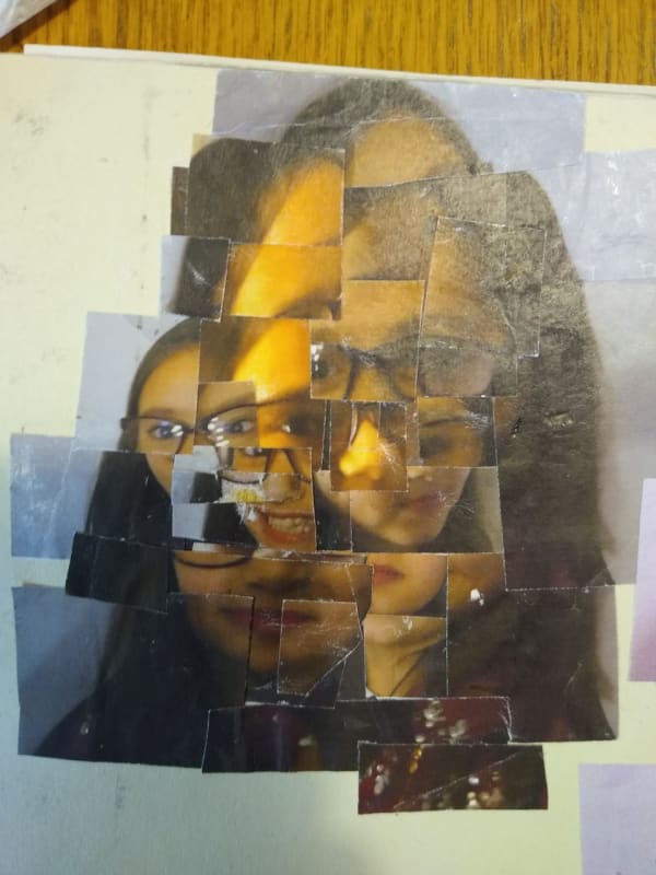 Photo montage of my sister Dylan Evenson, age 12. Inspired by David Hockney