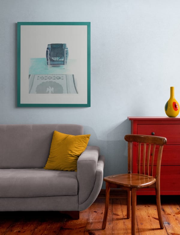 Living room with David Hockney's Corbusier Chair and Rug, 1969