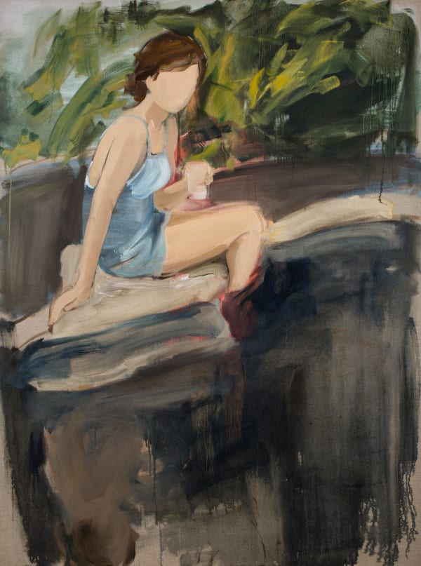 The image is a painting of a woman sitting on a bench outdoors. The style is loose and expressive, with broad, fluid brushstrokes that capture the movement of light and shadow rather than detailed features. The woman wears a sleeveless blue top and shorts