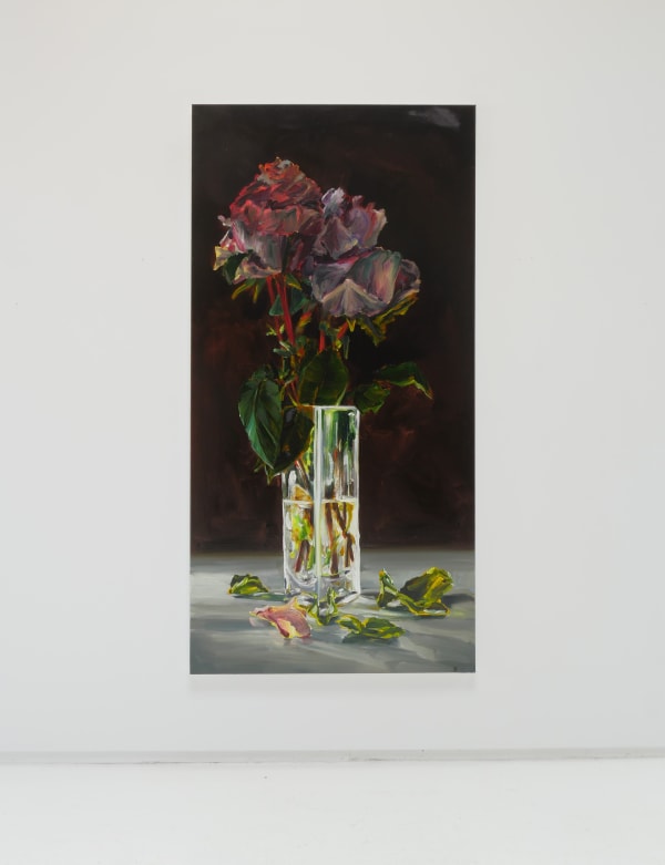 The image is a painting that portrays a bouquet of wilting roses in a clear glass vase, set against a dark background. The roses, which are in various stages of decay, exhibit deep reds and purples, with hints of pink on the petals, capturing the fleeting