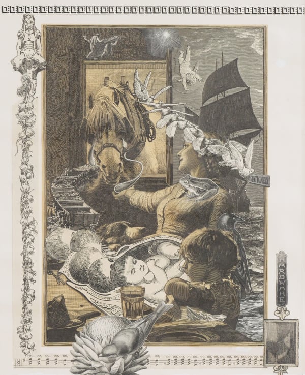 The image displays a surreal collage with Victorian-era influences, featuring a woman with birds in her hair, a horse's head protruding from a wall, and a monkey painting on a canvas. Various objects such as books, a globe, a crow, and intricate floral bo