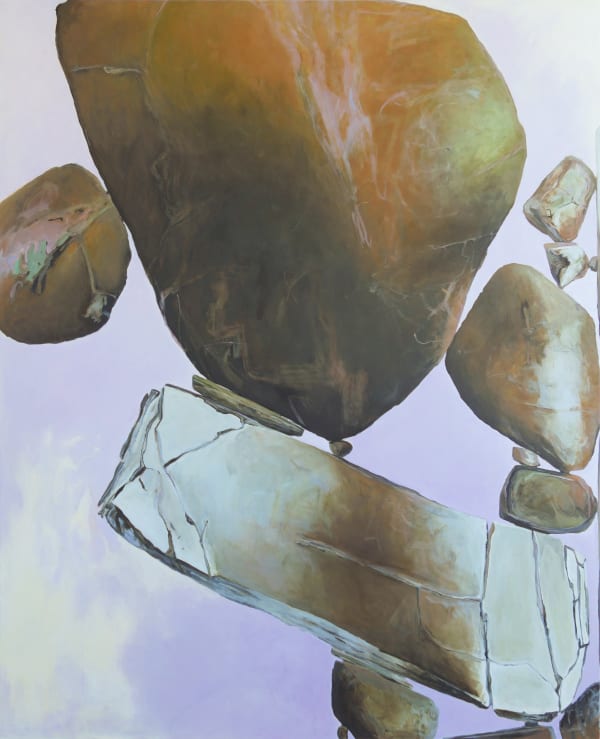 This image depicts an oil painting of a seemingly gravity-defying arrangement of rocks, with the largest rock at the top and others tapering downwards in size. The rocks are balanced on each other in a way that suggests stability, despite the precarious n