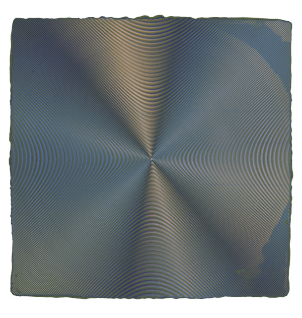 The image displays a square piece of artwork that showcases a moiré pattern effect. The artwork consists of fine, closely spaced lines that create an illusion of movement and depth. At the center, the lines converge to form a focal point, from which they