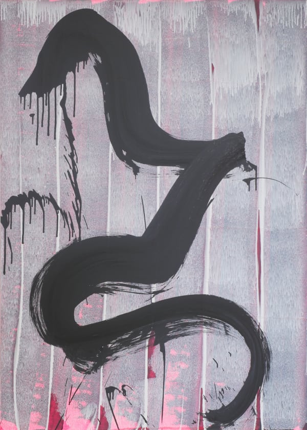 The image features an abstract painting with a bold, black brushstroke meandering down the canvas, creating a stark contrast against a backdrop of vertical pink and grey streaks that resemble rain. The black stroke is thick and expressive, with drips and