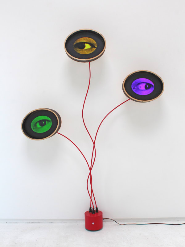The image displays a contemporary artwork featuring three circular elements mounted on the wall, each containing a large, realistic eye with different colored irises—one green, one yellow, and one purple. The eyes are connected by red wires that originate
