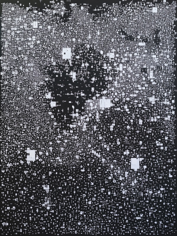 The image presents an intricate monochrome artwork, possibly a painting or print, dominated by a black background overlaid with countless white squares and rectangles of varying sizes. The distribution of the white shapes is denser at the top and graduall