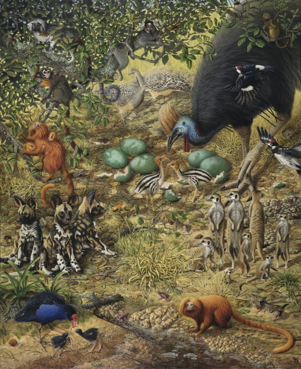 The image is a vibrant and detailed painting of a diverse collection of animals in a forest setting. It features various species such as lemurs, a cassowary, meerkats, a golden monkey, and birds, all intricately depicted among lush greenery and some scatt