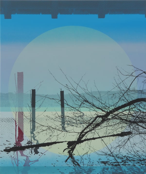 A surreal and serene digital artwork featuring a tranquil scene with a large, glowing circle resembling a moon or sun dominating the gradient blue sky. The foreground includes black silhouettes of leafless branches and wooden posts reflected in calm water