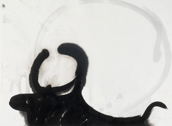 a white piece of paper with a light grey circle hovering over a large figurative black bull with large horns.