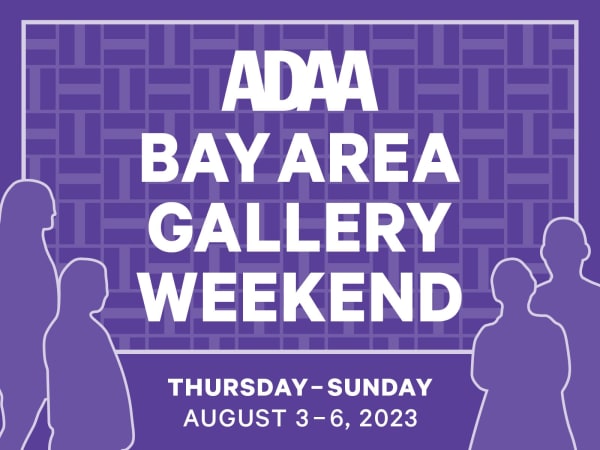 Purple and white infographic with silhouettes of people that reads ADAA BAY AREA GALLERY WEEKEND THURSDAY-SUNDAY AUGUST 3-6, 2023