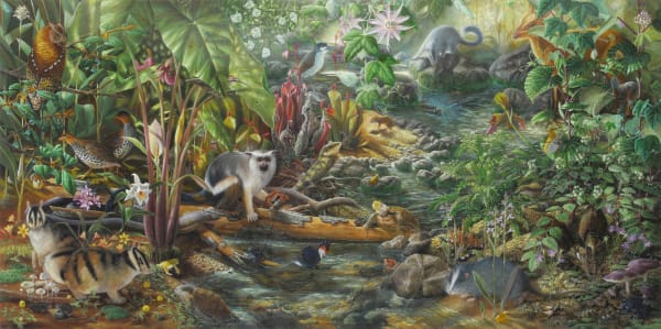 Painting depicting jungle habitat with many species