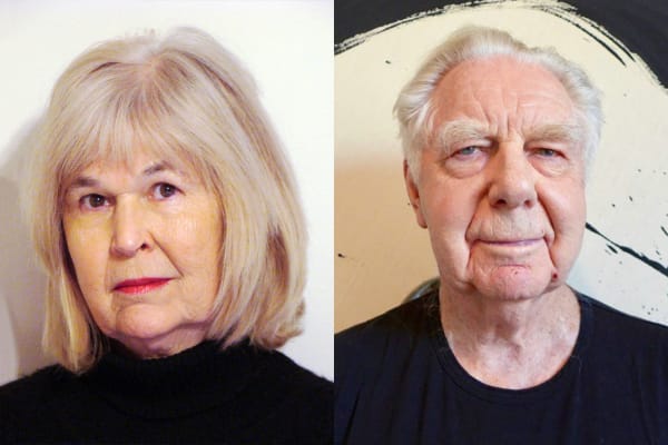 Marcia Reed's headshot on the left with a short blond bob haircut with bangs, red lipstick and a black mock neck shirt. On the right is Max Gimblett's headshot that presents himself in a black t shirt with short grey hair.