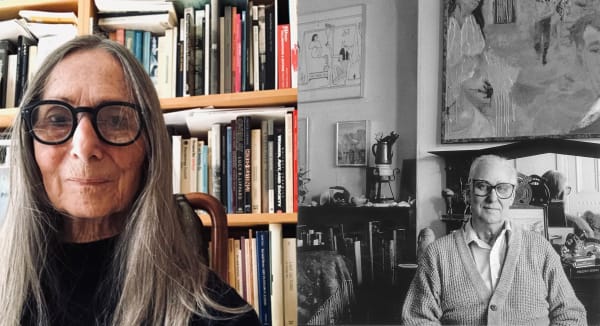 Left: Selfie of elderly white woman with glasses seated in front of a bookshelf. Right: Grayscale portrait of a white haired white man wearing glasses seated in a library.