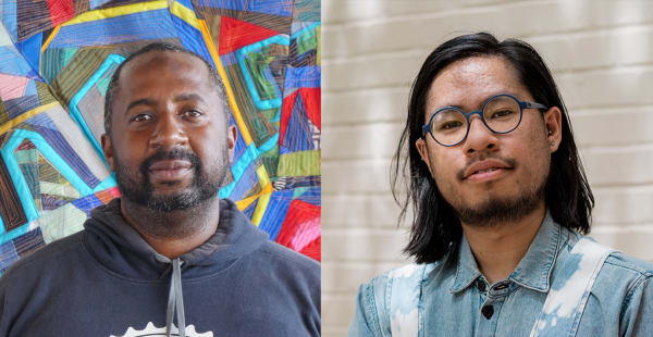 The image is a side-by-side portrait of two individuals. On the left is a man with a beard and a calm expression, wearing a dark hoodie. He stands in front of a colorful, geometric background that resembles a quilt or tapestry with vibrant colors like blu