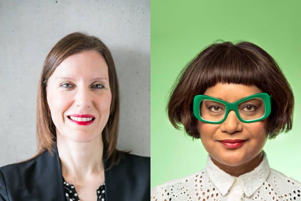 Rachel Kent on the left in a black suit and red lipstick and brown mid length hair. Rina Banerjee on the right with short hair and bangs, green thick rimmed glasses, fuchsia lipstick and a white collared top.