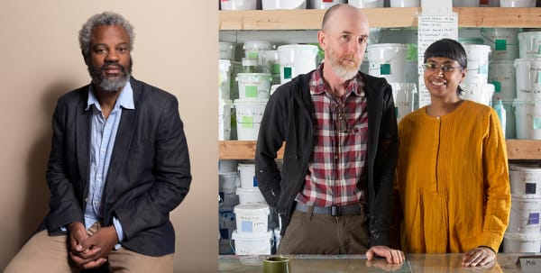 On the left, Hamza Walker sits in front of a beige wall in khaki pants, a striped collared shirt and grey blazer. On the right, Anoka Faruqee and David Driscoll stand in their studio. There are shelves of paint buckets behind them. They stand in front of 