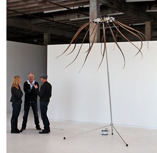 Alan Rath, "Absolutely," 2012, installation view; pheasant feathers, aluminum, 180 x 144 x 144"