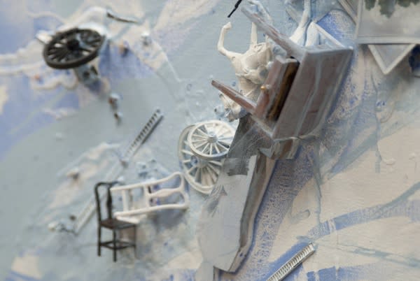 Liliana Porter, "Untitled (with fallen things)," 2013, detail view; acrylic and assemblage on canvas, 60 x 80 inches