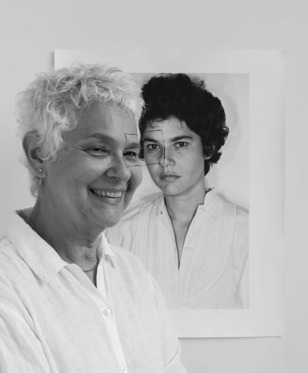 A self portrait by Liliana Porter with an overlayed square