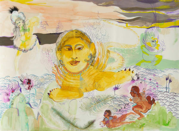 Rina Banerjee "Pass me the mustard, hide your self like a blemish unseen. Where ever you may be, quiet yourself, play confused, pretend, be absent because the scent of females like mustard sting. Pass me not the mustard but Durga turmeric, saffron and sun.," 2019, acrylic and false eyelashes on paper, 22 x 30 inches