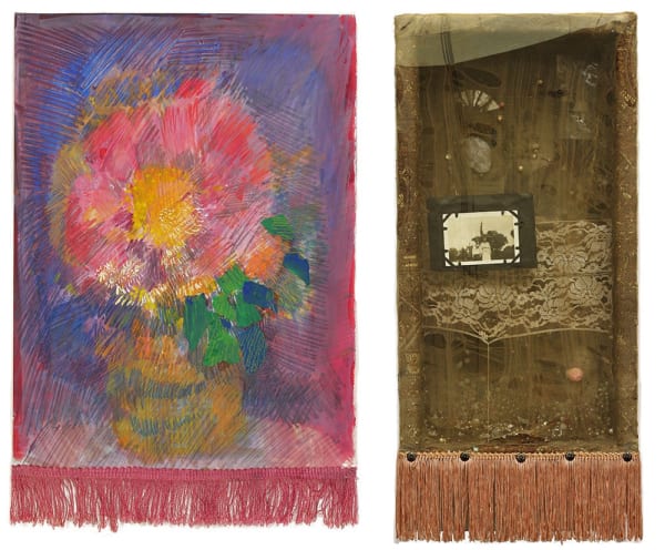 Jean Conner, Painting with Fringe, 1964, collage, 16 3/8 x 11″; Bruce Conner, Mom’s Collage, 1961, assemblage, 24 x 11 x 6″