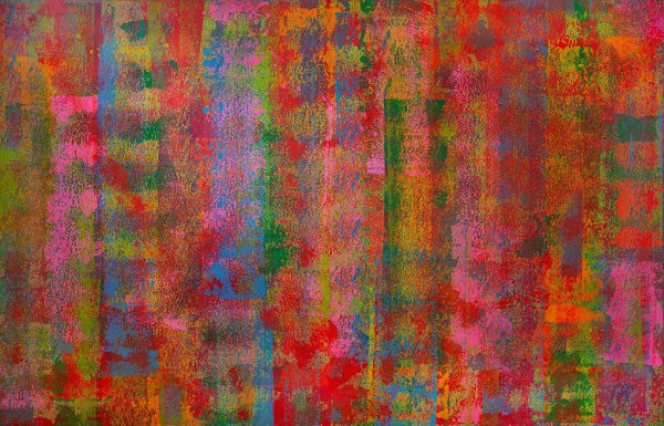 Painting of vertical abstract lines intercepting each other.