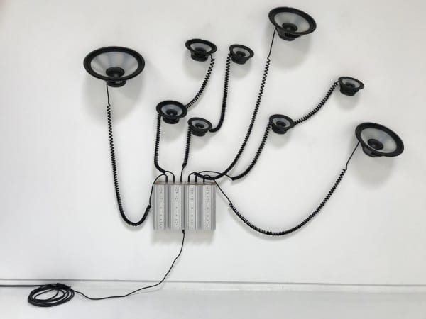 Alan Rath, "Wallflower II," 1990, aluminum, custom electronics, speakers, 60 x 86 x 12 in