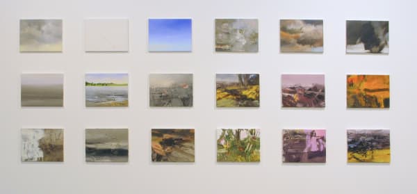 3 x 6 grid of abstract paintings covered in large gestural brush strokes in blue, yellow, grey, and purples.