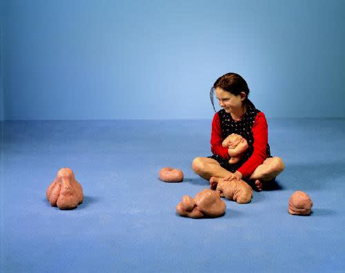 Patricia Piccinini, "Still Life with Stem Cells," 2002, silicone, acrylic, human hair, clothing, carpet