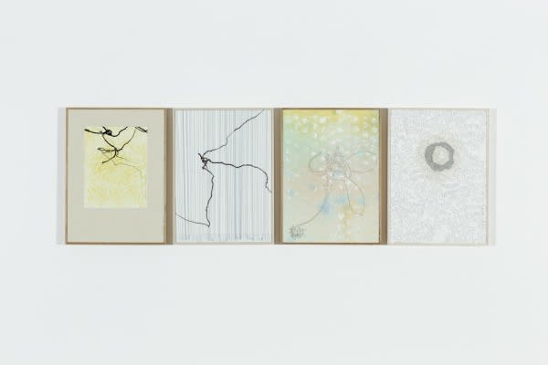 Emil Lukas, "I 1-4," 2014; ink, thread, paint and used motor oil on paper under glass in wood frame 4 panels, each 18 5/8 x 13 ¾ x 1 ¼ inches