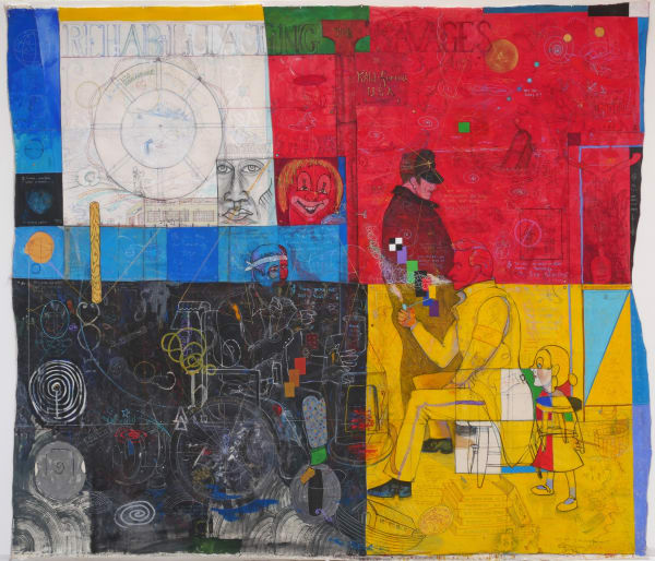 William T. Wiley, "Rehabilitating the Savages," 2006, mixed media on canvas, 128 x 145 inches