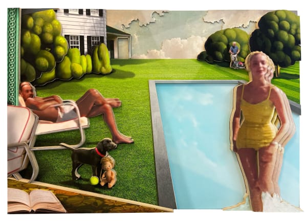 three-dimensional artwork representation of a Black man sitting in swim trunks on the left with a Black woman in the pool on the right by Ron Norsworthy