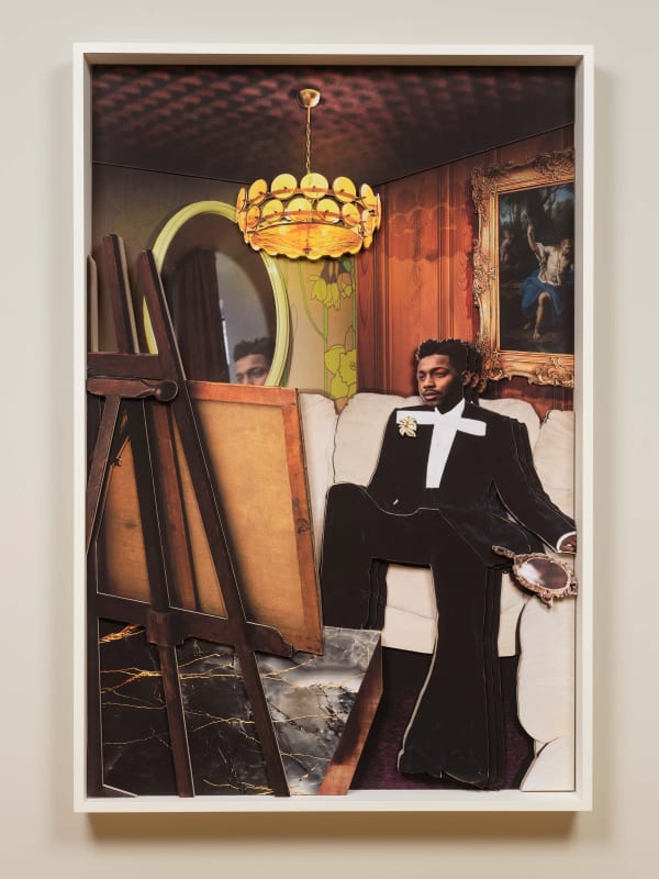 Surreal collage by Ron Norsworthy showing a man in a suit on a couch, with cut-outs, vintage decor, a mirror, and an easel in a retro room.