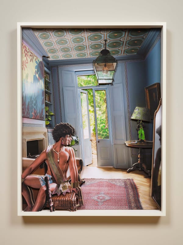 man with Dearest Mom sash looking in mirror in interior by Ron Norsworthy