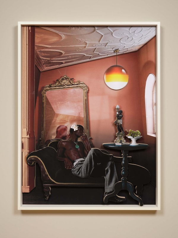Surreal collage by Ron Norsworthy of a shirtless man lounging on a chaise in a vintage room with ornate mirror, ceiling, side table, and soft lighting.
