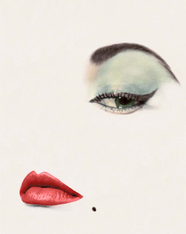 Erwin Blumenfeld photograph of model Jean Patchett's face with only eye, lips, and beauty mark visible