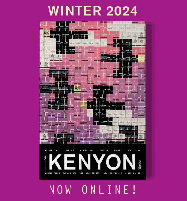 the cover of The Kenyon Review's Winter 2024 issue features an artwork detail of a quilt made out of matchbooks showing a pattern of crows flying, by DARNstudio, against a purple background with the text WINTER 2024 / NOW ONLINE