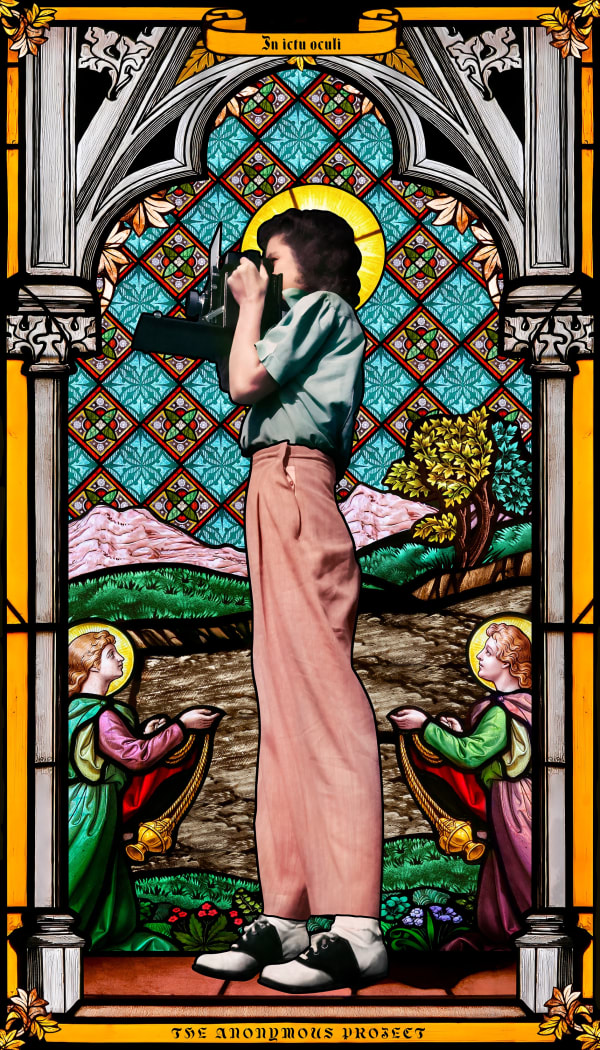 colorful stained glass, full-body image of girl looking through viewfinder of camera