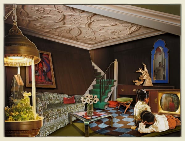 an interior room with wood paneling and two Black girls watching TV with checkered rug and other eclectic decoration and design by Ron Norsworthy