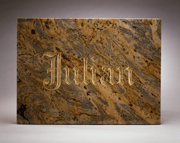 Julian Apostol, 2005, 20 x 30 x 1 1/4 in Etched Amarillo Jaguar granite and gold paint