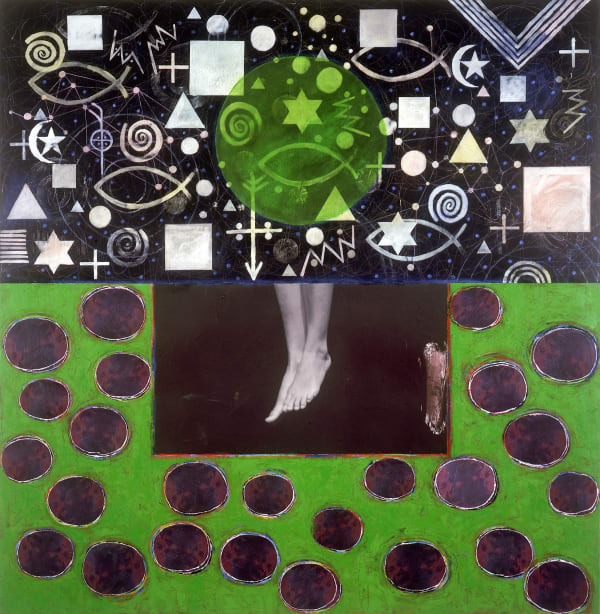 Resurrecion, 2005, Oil mixed media collage on wood panel, 74 x 72 in